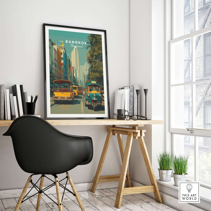 Bangkok Thailand poster featuring a vibrant tuk tuk street scene in a stylish interior setting.