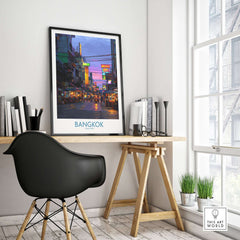 Bangkok Thailand Neon Lights Wall Art - Thai Artwork displayed in a modern workspace, showcasing vibrant city life.