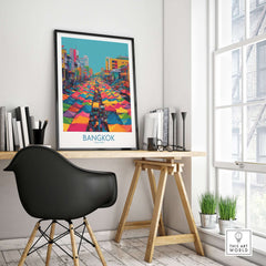 Bangkok Thailand Wall Art - Thai Market Poster Illustration displayed in a cozy workspace with colorful market visuals.
