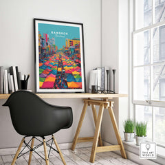 Bangkok Thailand Poster Colorful Market Tents - Vibrant Street Market Print displayed in a stylish room.