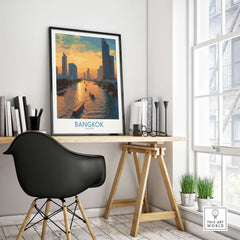 Bangkok Thailand Urban Waterfront Wall Art - Bangkok Cityscape Decor showcasing a stunning cityscape in a modern workspace.