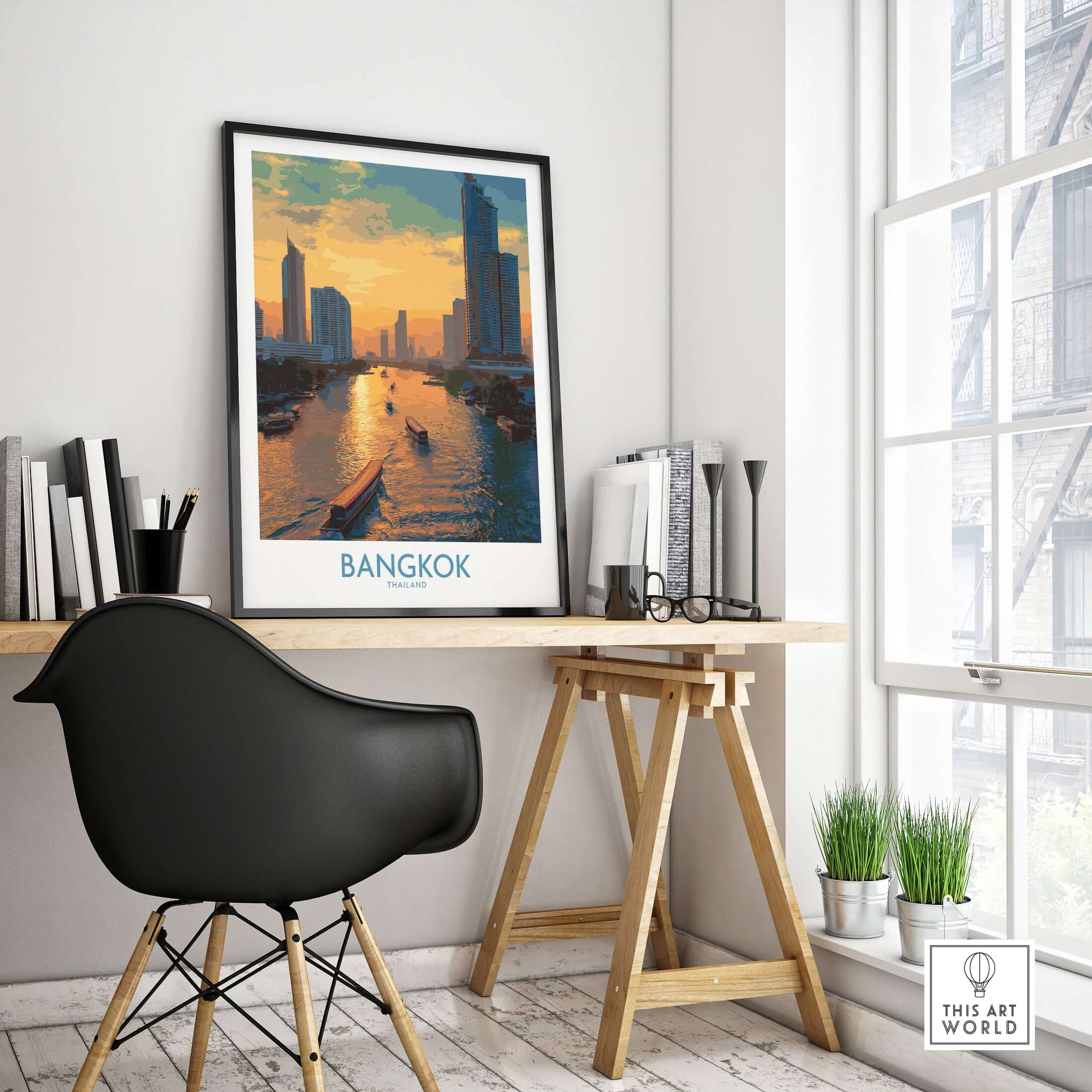 Bangkok Thailand Urban Waterfront Wall Art - Bangkok Cityscape Decor showcasing a stunning cityscape in a modern workspace.