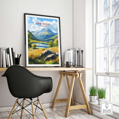 Ben Nevis Scotland Mountain Lake Landscape Print - Scottish Highlands Wall Art displayed in a modern workspace.