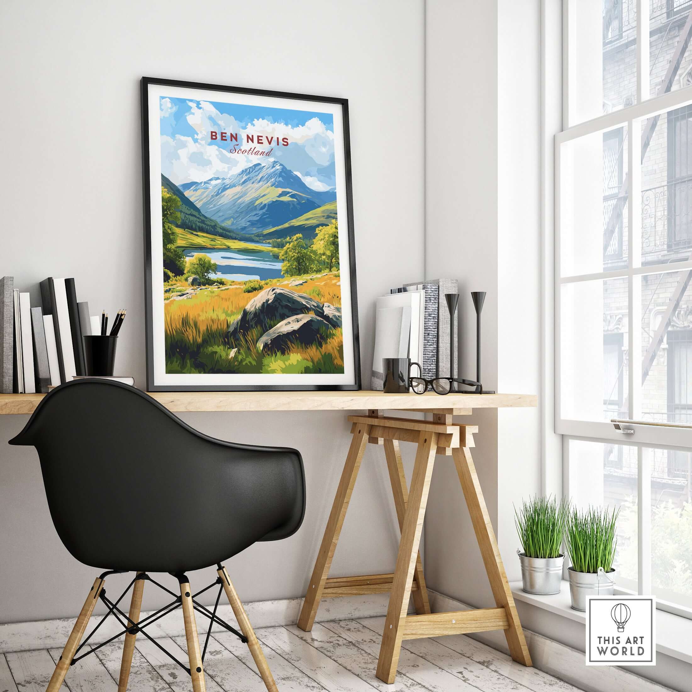 Ben Nevis Scotland Mountain Lake Landscape Print - Scottish Highlands Wall Art displayed in a modern workspace.
