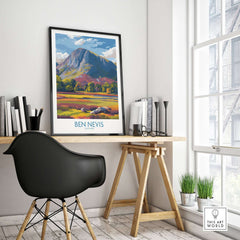 Ben Nevis Wall Art Scotland Highland Landscape - Autumn Foliage Travel Decor displayed in a cozy home office with stylish furniture.
