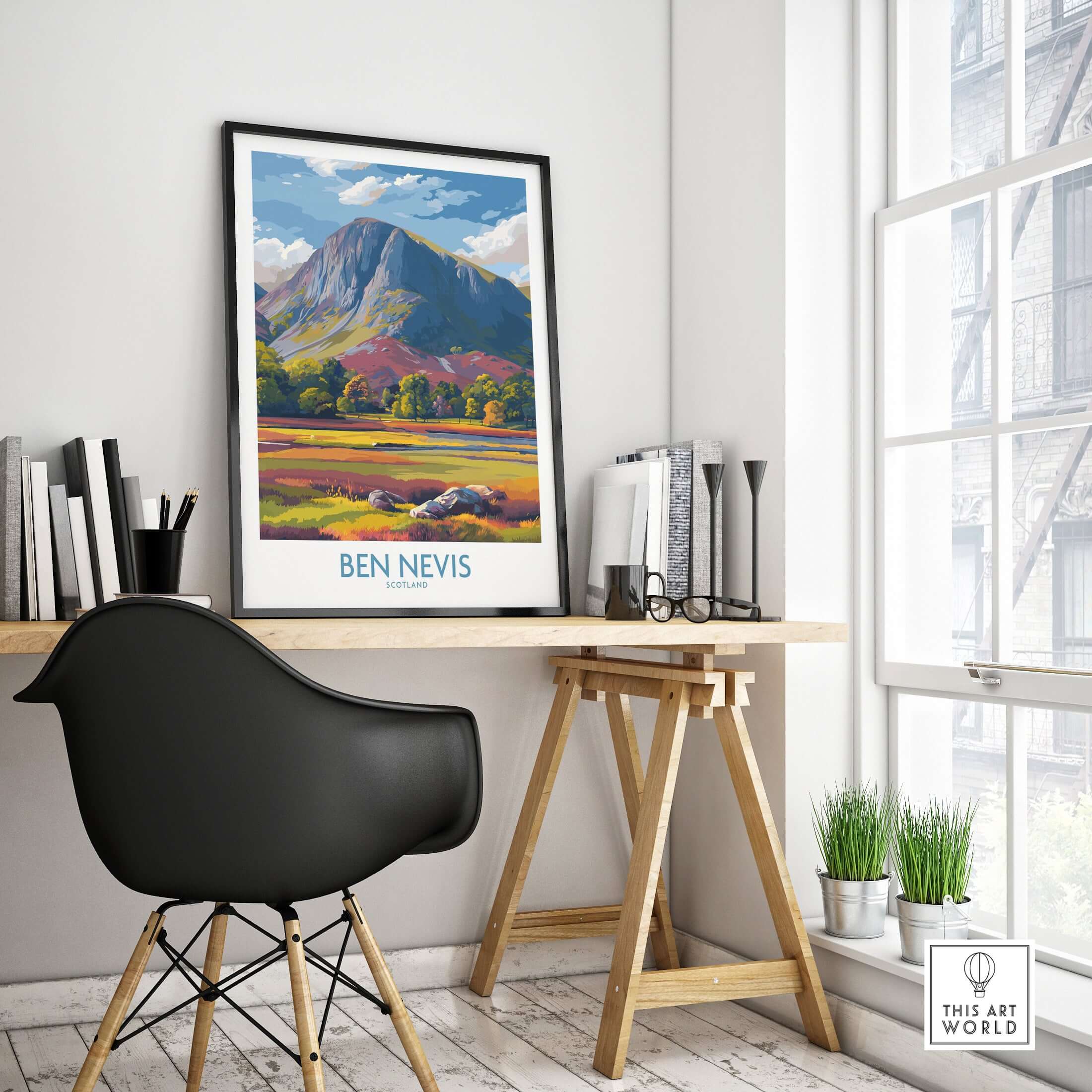 Ben Nevis Wall Art Scotland Highland Landscape - Autumn Foliage Travel Decor displayed in a cozy home office with stylish furniture.
