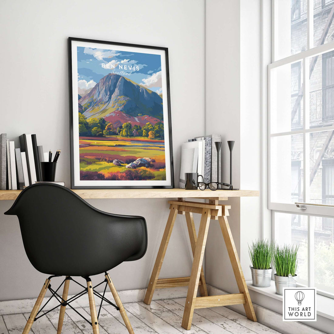 Colorful Ben Nevis mountain print on a desk in a bright room with stylish decor and natural light.