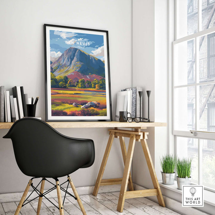 Colorful Ben Nevis mountain print on a desk in a bright room with stylish decor and natural light.