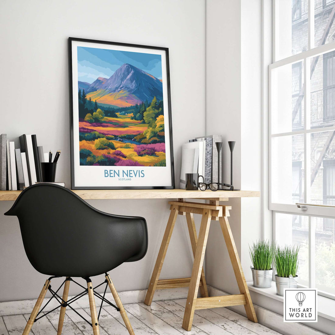 Ben Nevis Scotland print showcasing vibrant heather fields and mountains, perfect for nature lovers and home decor.