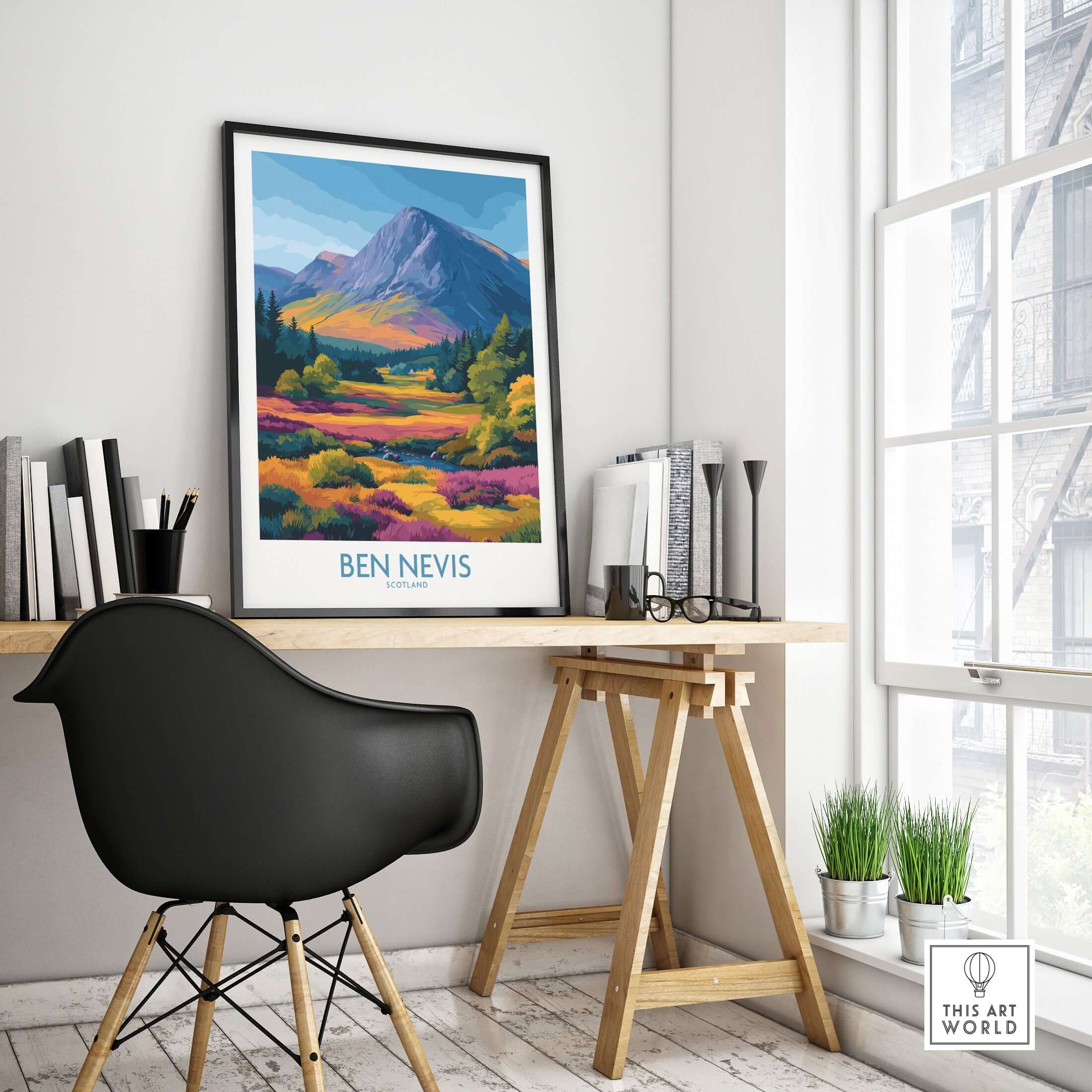 Ben Nevis Scotland Print Heather Fields Landscape - Scottish Peaks Illustration in a modern workspace.