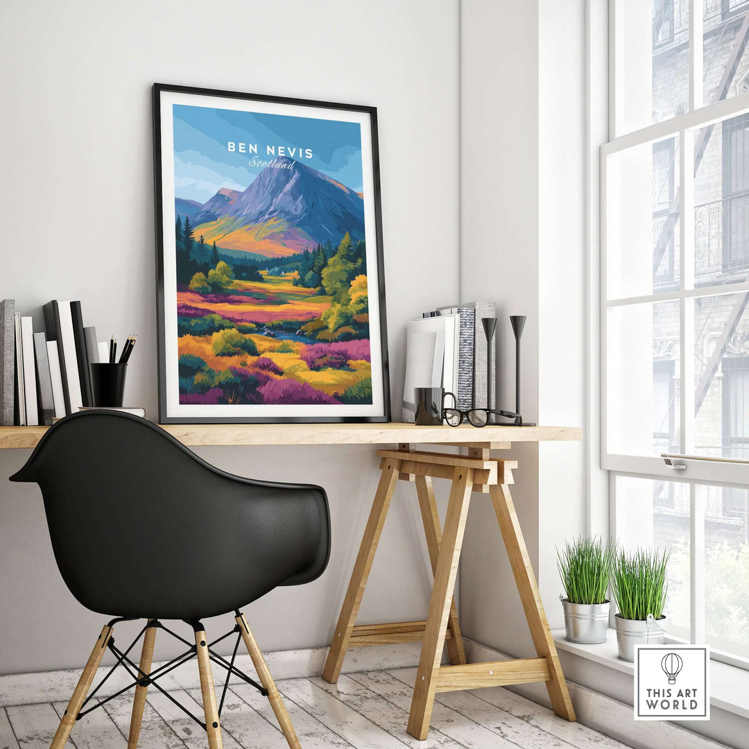 Ben Nevis Scotland autumn mountain view poster showcasing vibrant fall colors in a stylish home office setting.