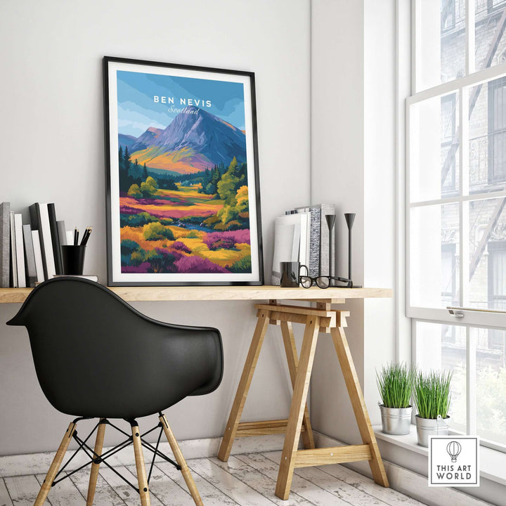 Ben Nevis Scotland autumn mountain view poster showcasing vibrant fall colors in a stylish home office setting.