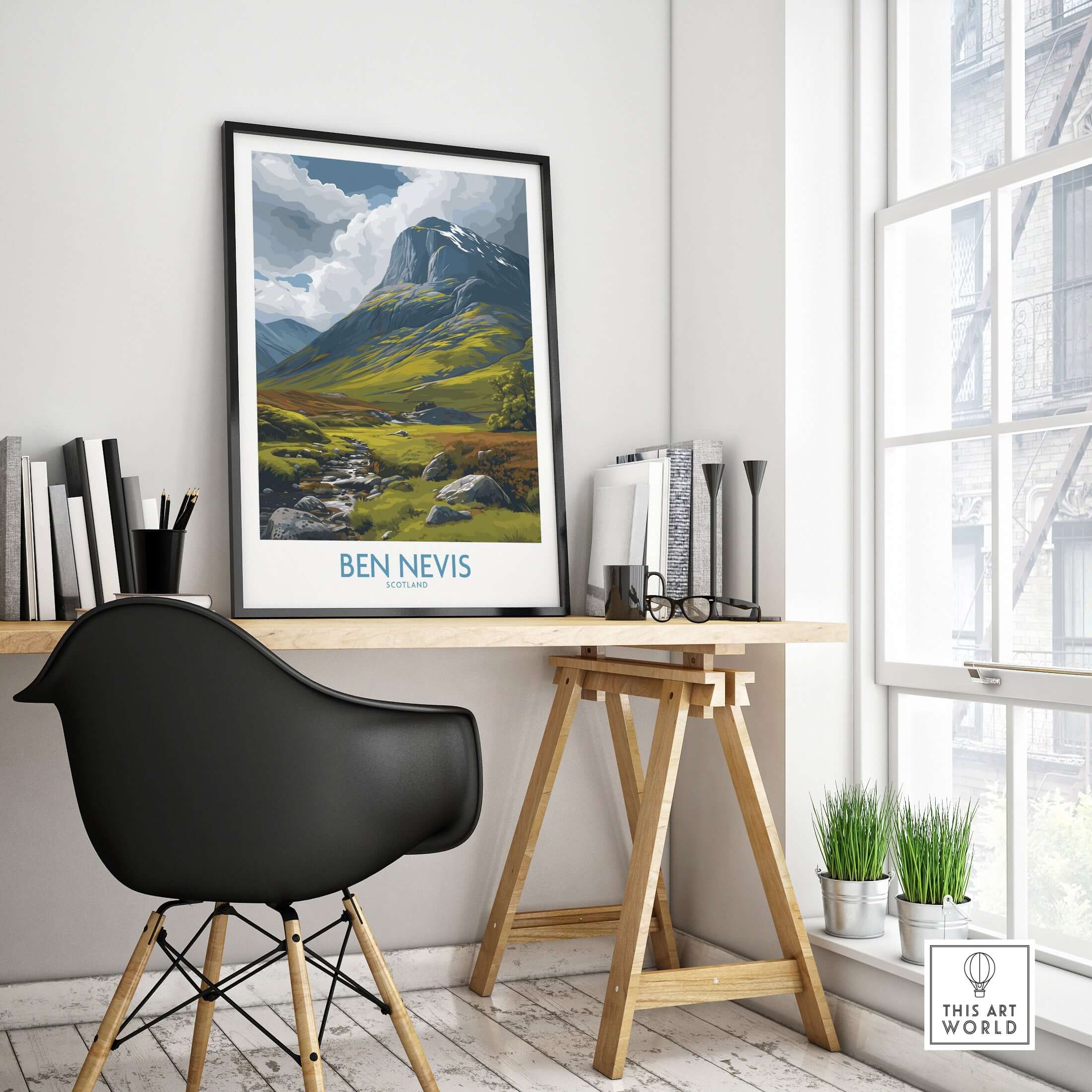 Ben Nevis Scotland Wall Art Hillside Panorama - Nature Travel Decor displayed in a stylish workspace.
