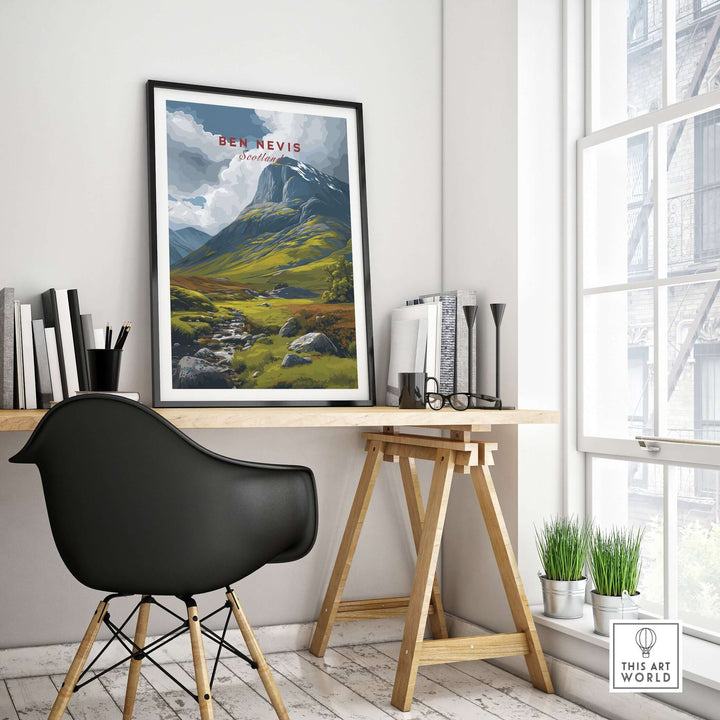 Ben Nevis Scotland art print framed in modern interior, showcasing rugged mountain landscape and serene stream.