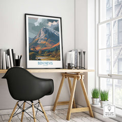 Ben Nevis Scotland Cloudy Peak Landscape Print - Scottish Artwork Gift displayed in an elegant workspace.