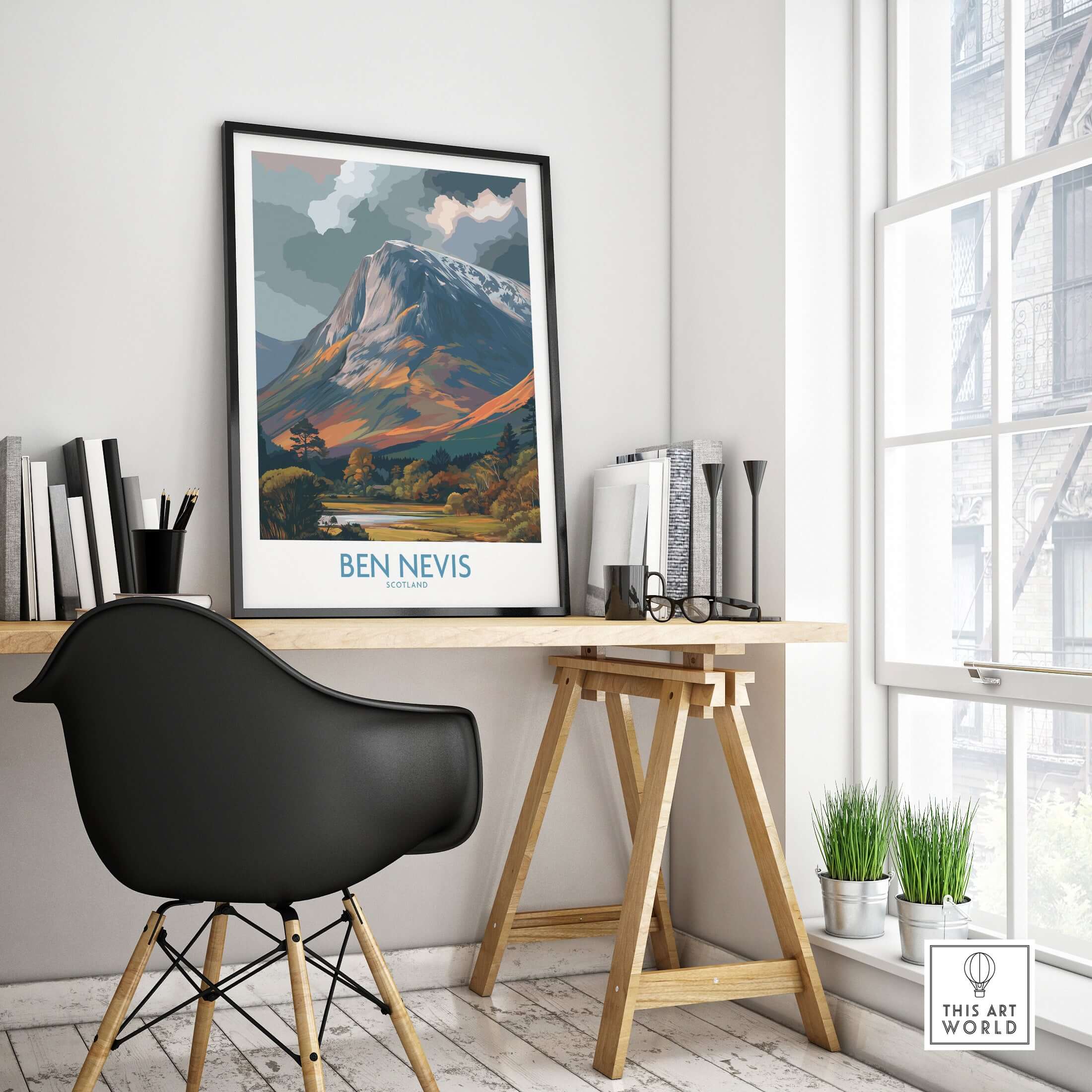Ben Nevis Scotland Cloudy Peak Landscape Print - Scottish Artwork Gift displayed in an elegant workspace.