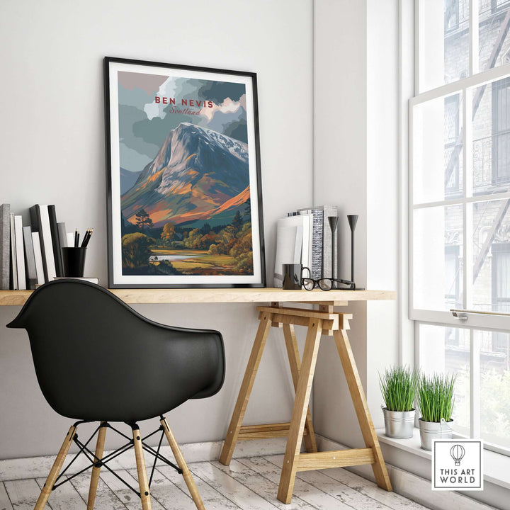Ben Nevis snow-capped mountain poster displayed in a stylish home office, showcasing Scottish Highland beauty.