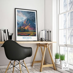 Ben Nevis Wall Art Scotland Moody Skies - Scottish Highlands Travel Poster displayed in a modern home office setting.
