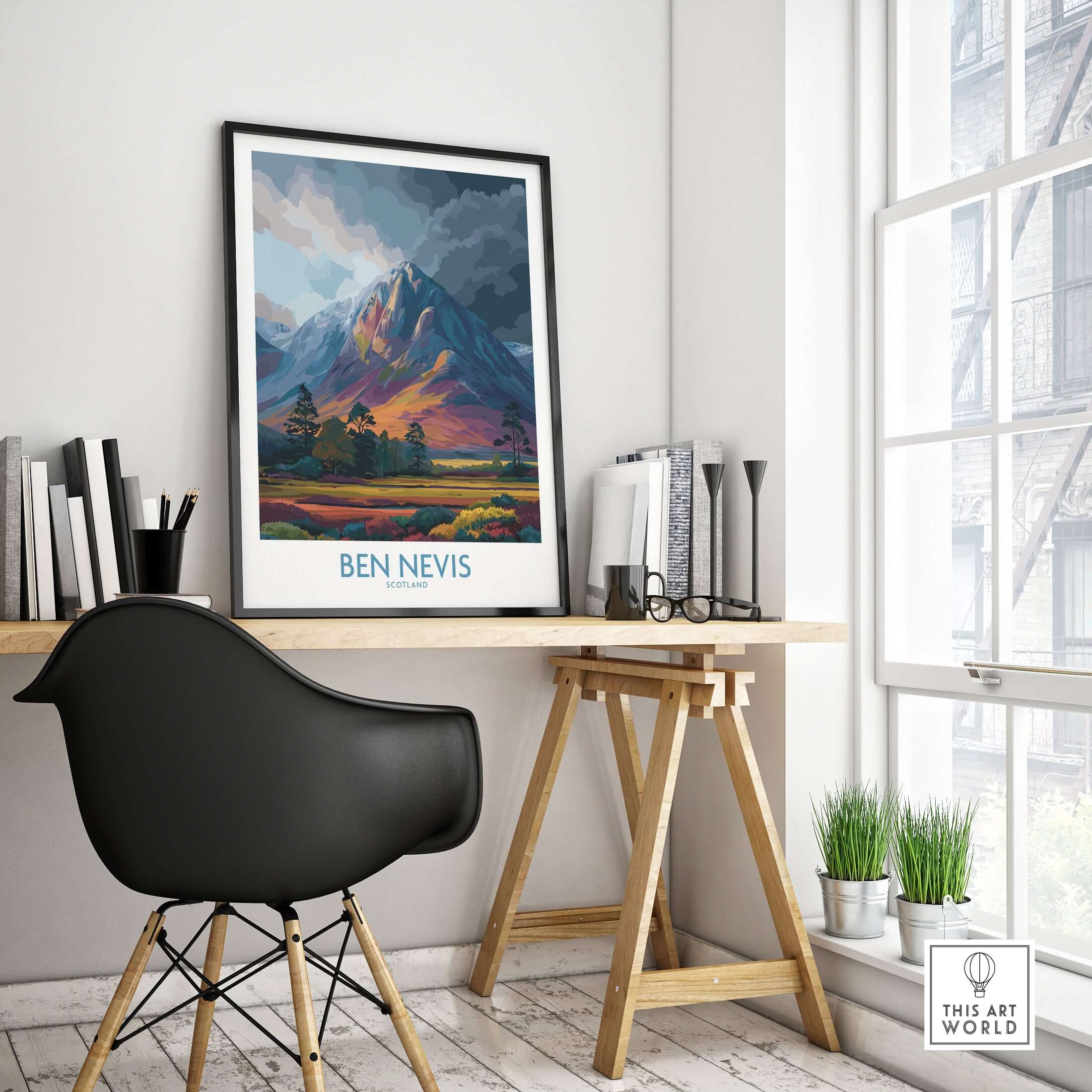 Ben Nevis Wall Art Scotland Moody Skies - Scottish Highlands Travel Poster displayed in a modern home office setting.