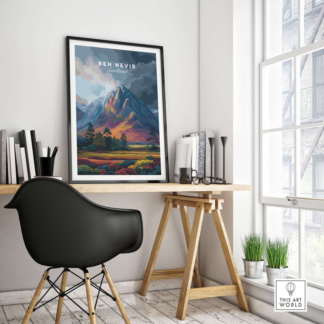 Ben Nevis art illustration print in a modern office, showcasing vibrant dusk mountain landscape in Scotland.