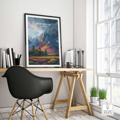Ben Nevis Art Illustration Print Scotland Vibrant Dusk Mountain - Colorful Landscape Poster showcased in an elegant interior.