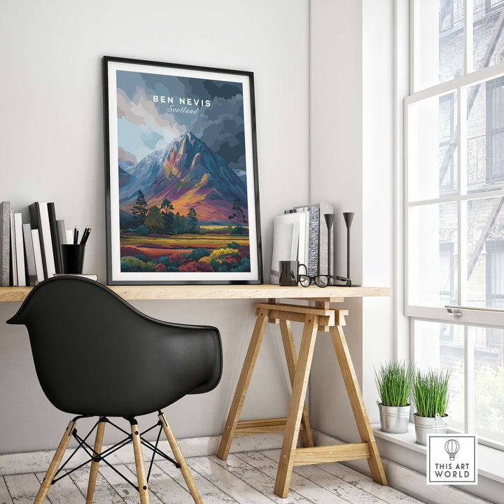 Ben Nevis art illustration print in a modern office, showcasing vibrant dusk mountain landscape in Scotland.