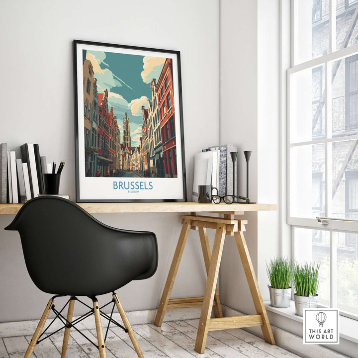 Brussels Belgium Gothic architecture print displayed in a modern home office decor with stylish furniture.