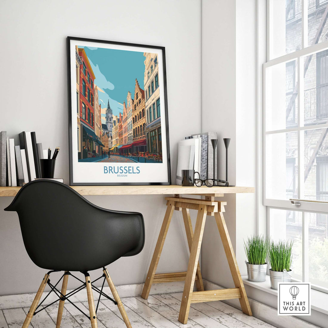 Brussels wall art print showcasing vibrant city life and architecture in a stylish home office setting.
