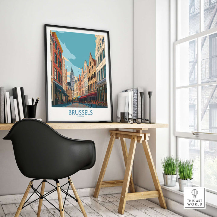 Brussels wall art print showcasing vibrant city life and architecture in a stylish home office setting.