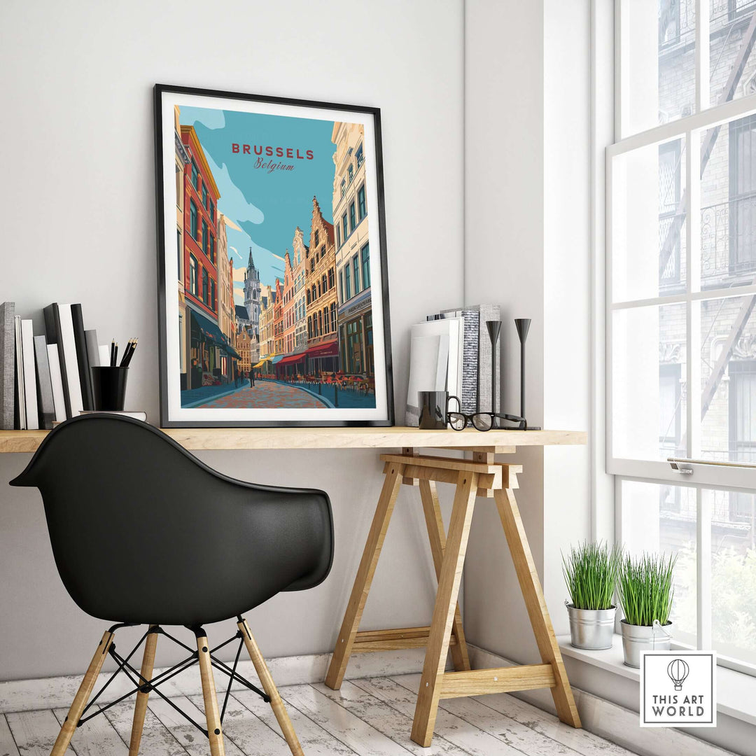 Brussels print showcasing Old Town architecture in a modern workspace, adding European charm to the decor.