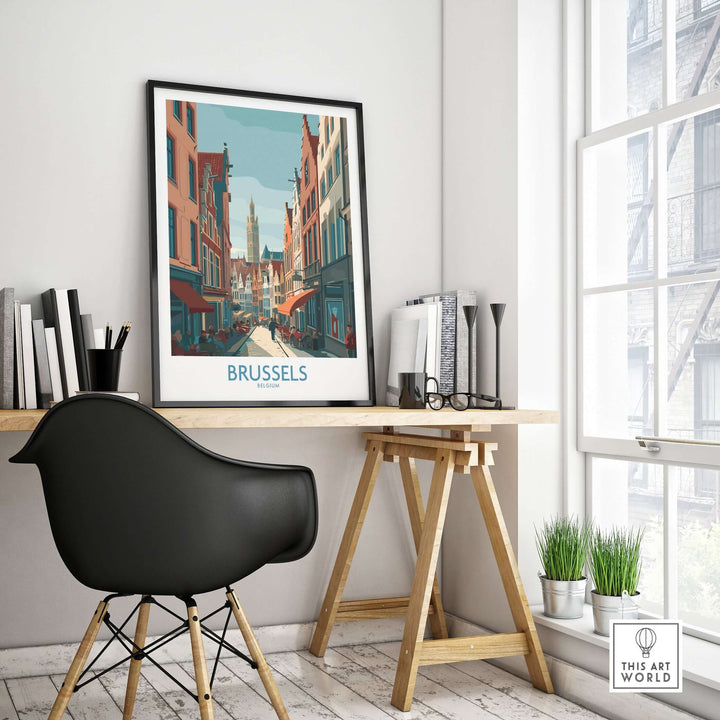 Brussels Belgium wall art print displayed in a stylish home office setting, showcasing vibrant city streets.