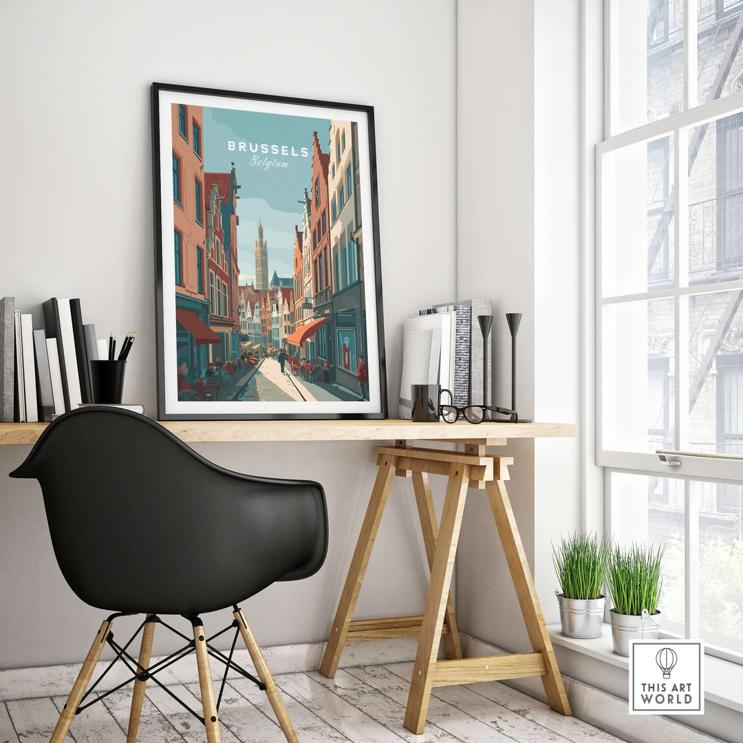 Brussels Belgium art print of Grand Place displayed in modern decor, showcasing vibrant architecture and charm.