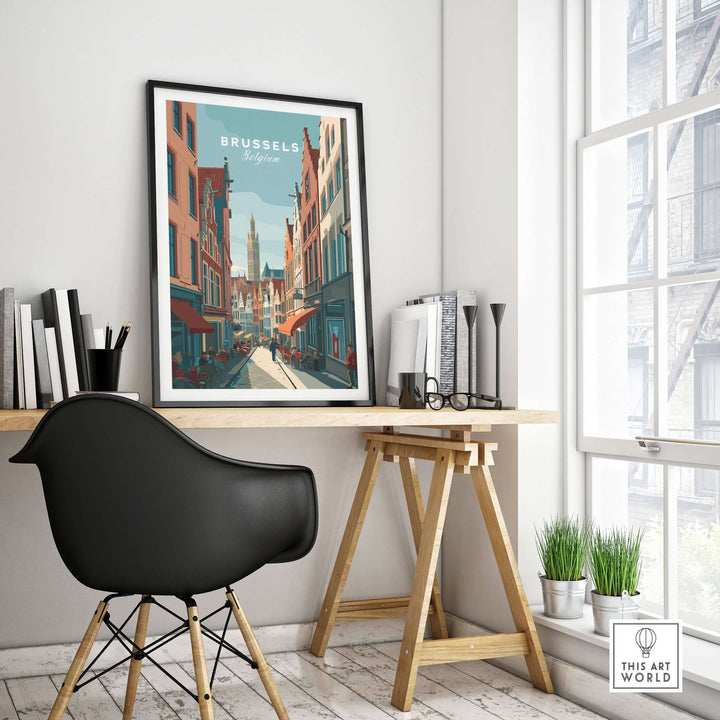 Brussels Belgium art print of Grand Place displayed in modern decor, showcasing vibrant architecture and charm.
