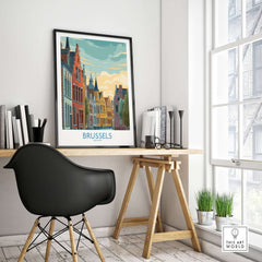 Brussels Belgium Travel Poster showcasing vibrant architecture and culture in a stylish interior setting.