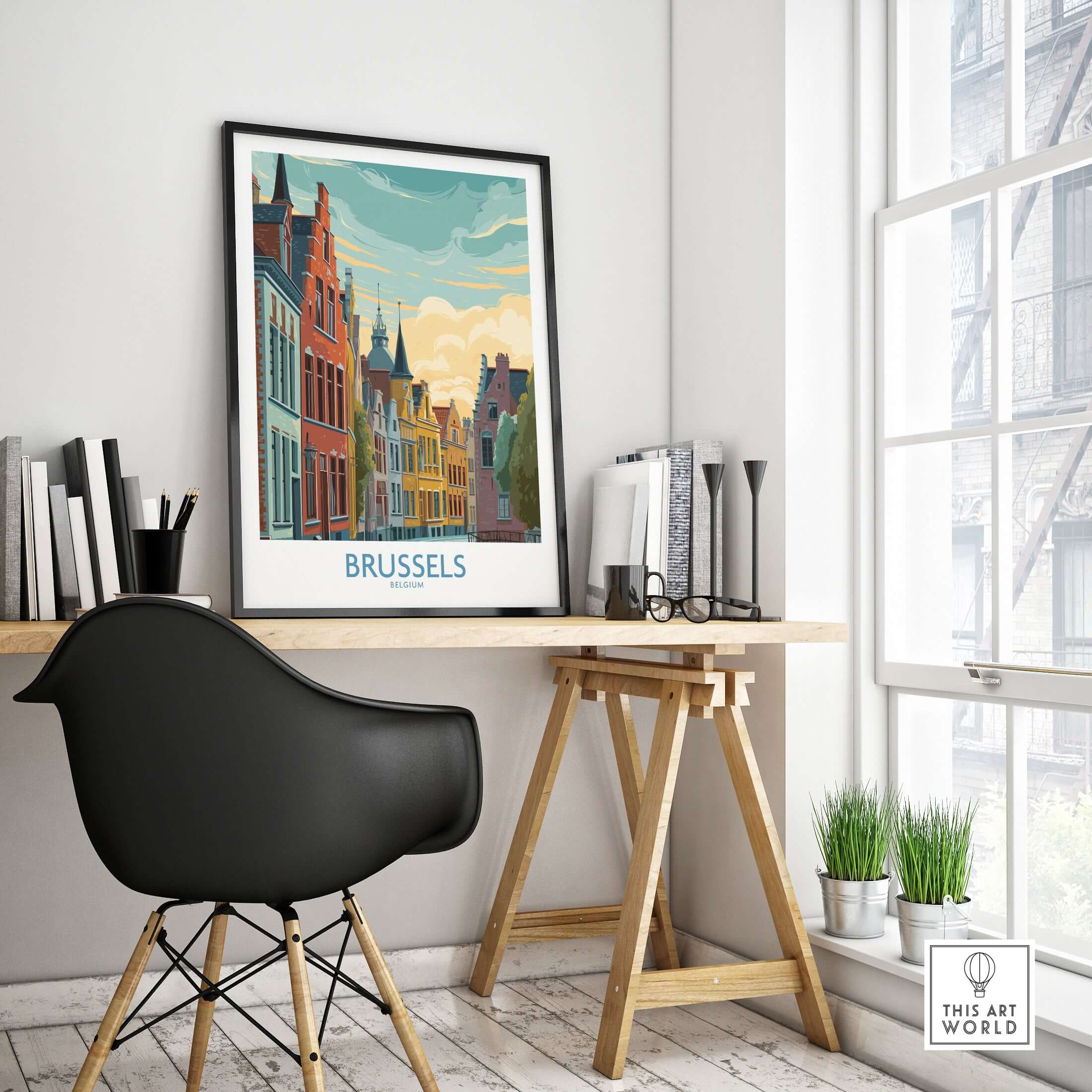 Brussels Belgium Travel Poster showcasing vibrant architecture and culture in a stylish interior setting.