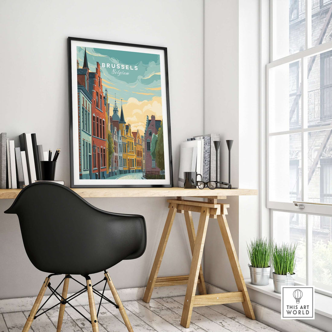 Brussels historic houses sunset poster displayed in a stylish interior workspace with modern decor.