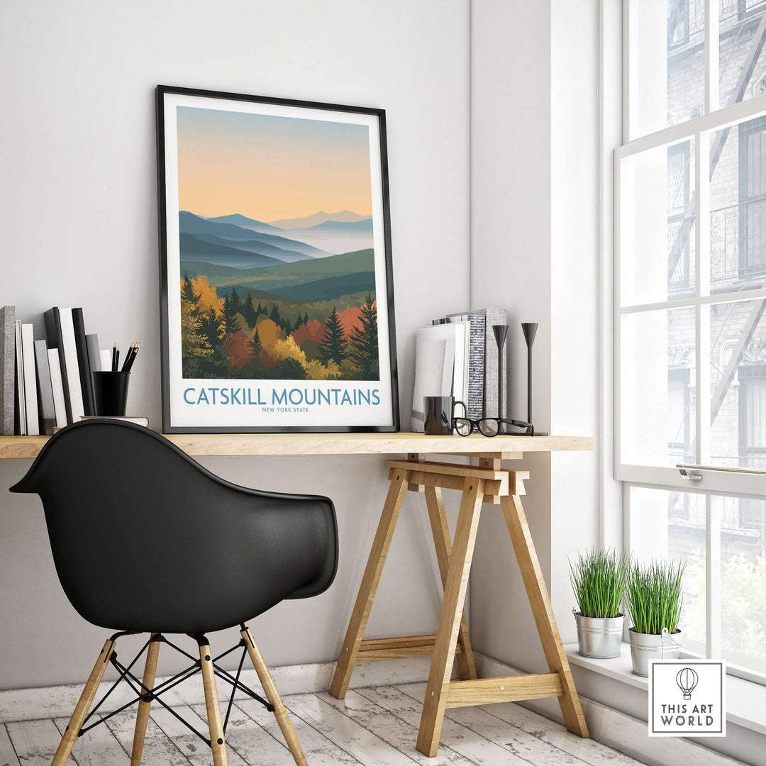 Catskill Mountains Fall Landscape Poster displayed in modern office setting, showcasing vibrant autumn colors.