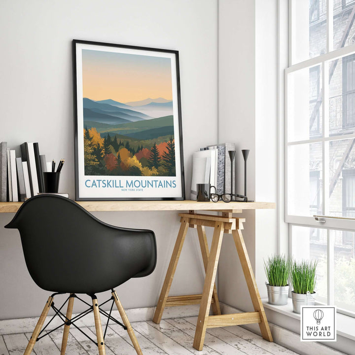 Catskill Mountains Fall Landscape Poster displayed in modern office setting, showcasing vibrant autumn colors.