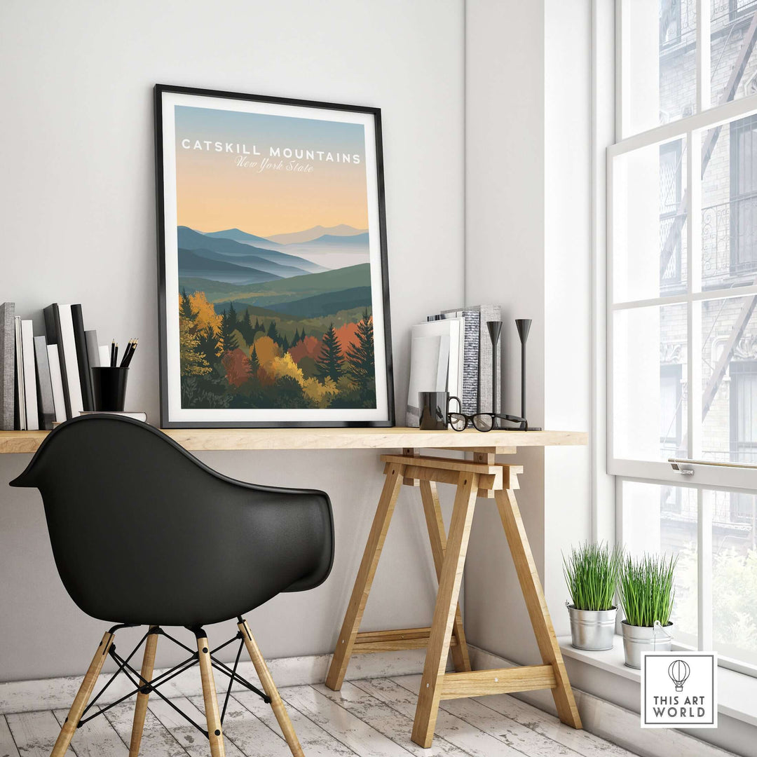 Catskill Mountains Autumn foliage print in modern office, showcasing vibrant fall colors in a serene mountain valley.
