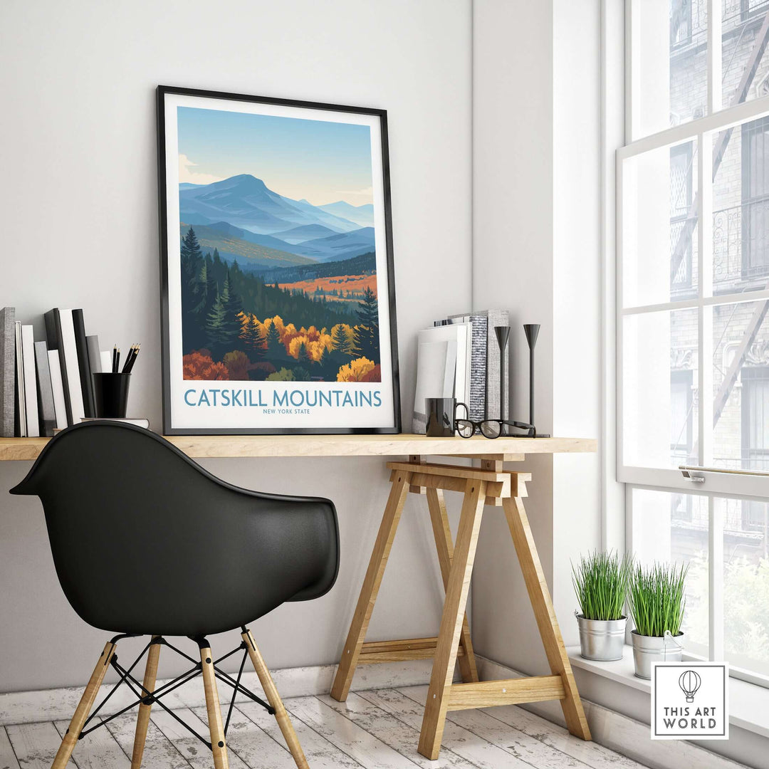 Catskill Mountains New York fall poster in modern decor setting, showcasing autumn colors and serene landscape.