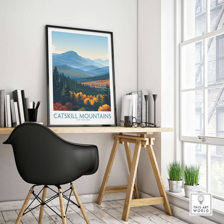 Catskill Mountains New York fall poster in modern decor setting, showcasing autumn colors and serene landscape.