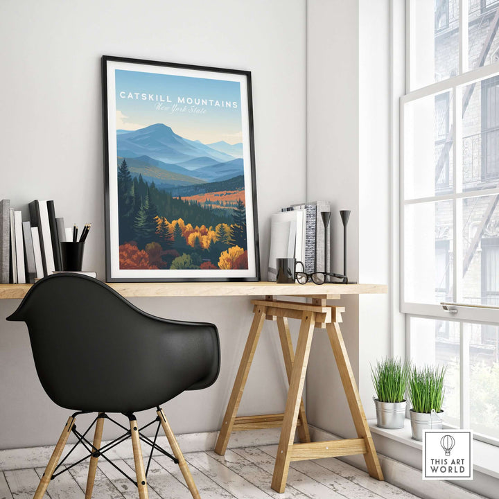 Framed Catskill Mountains layered hills print in modern workspace, showcasing mountain range wall art and fall colors.