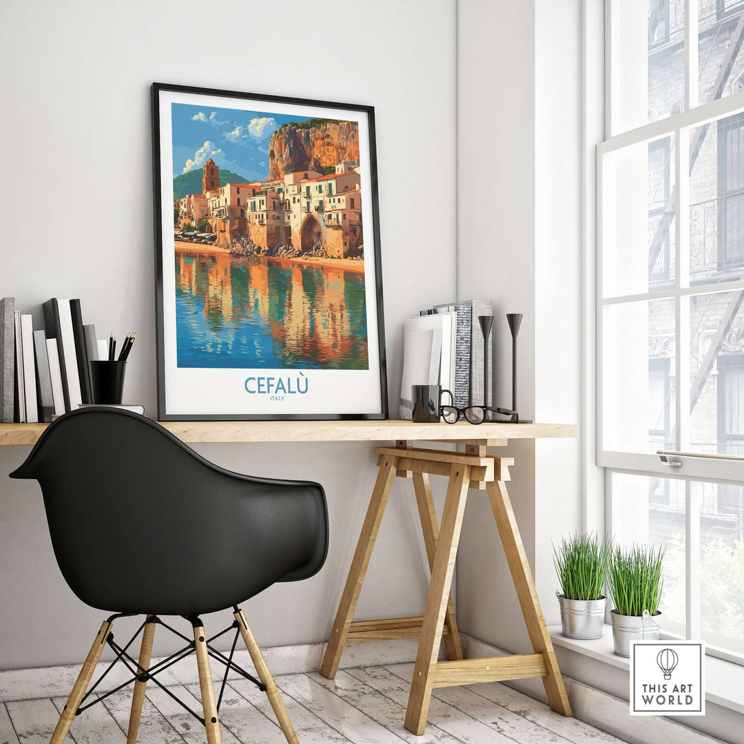 Cefalù Italy Mediterranean beach poster showcasing coastal town's architecture and reflections in water.