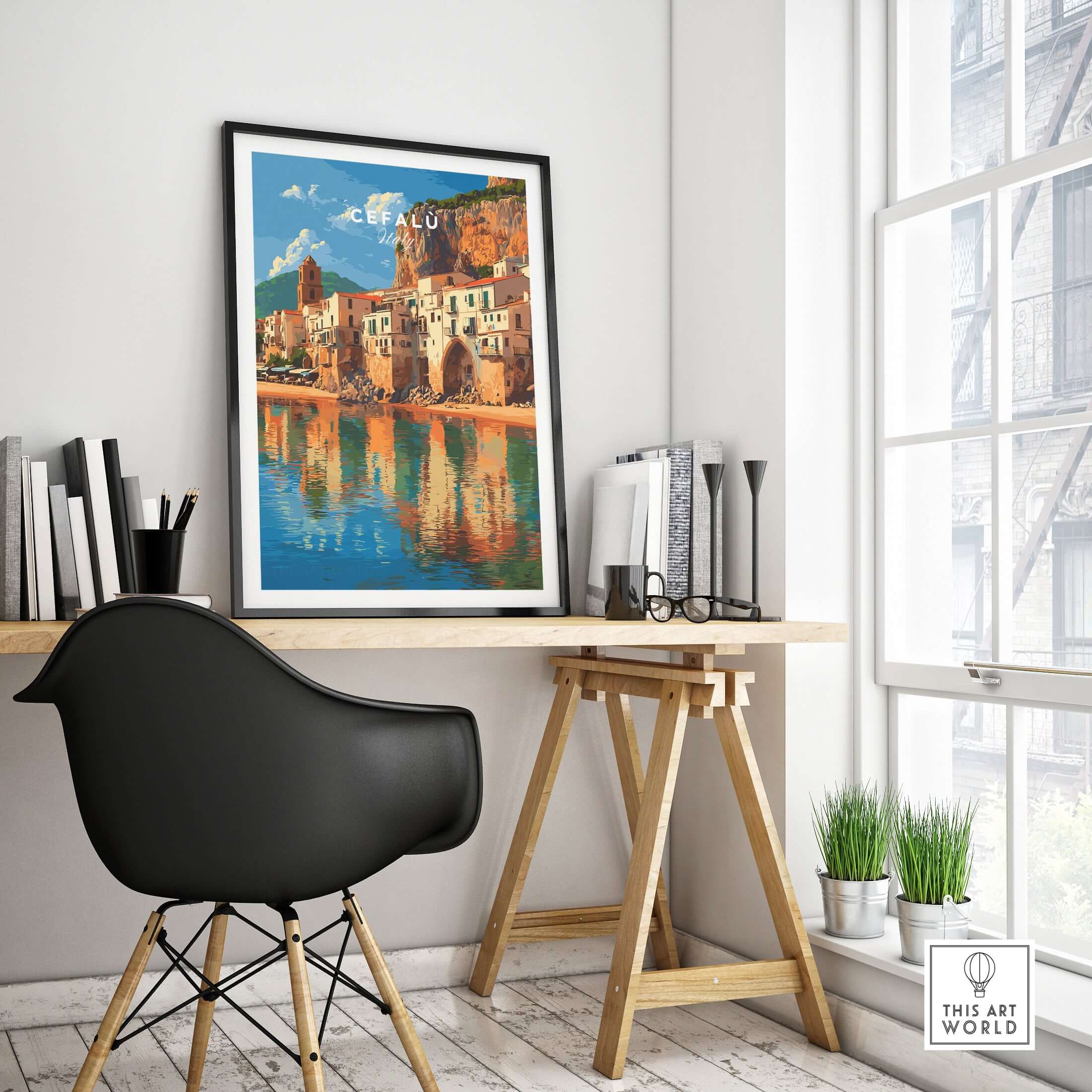 Cefalù Italy Travel Print - Sicilian Village Wall Art displayed in a modern home office setting.