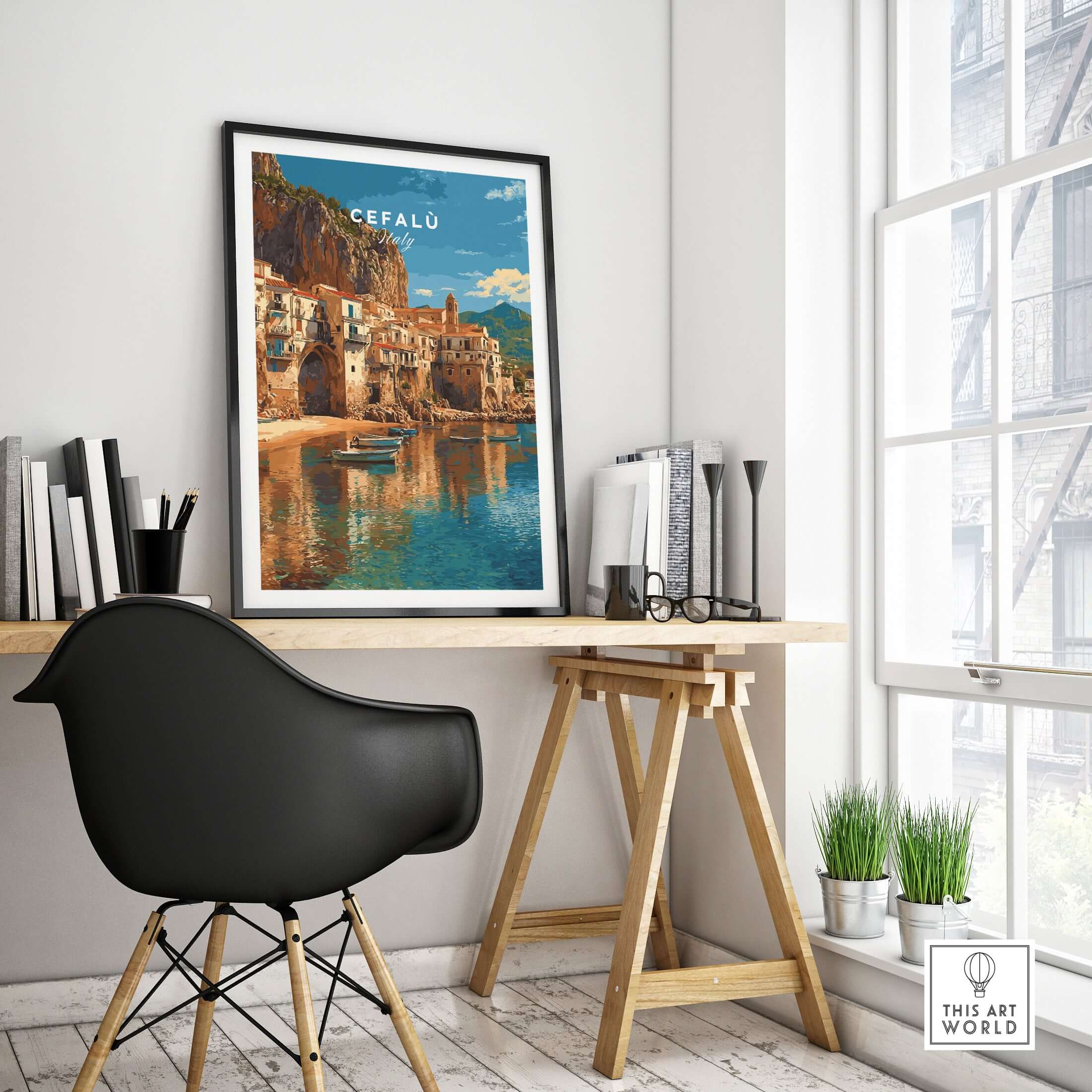 Cefalù Italy Poster - Sicilian Coastline Art Print displayed in a modern workspace with a black chair and natural light.
