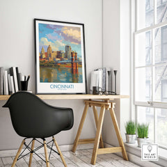 Cincinnati Riverfront Cityscape Poster - Ohio Wall Art displayed in a modern workspace, vibrant urban scenery.