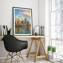 Cincinnati Ohio Skyline Print - Roebling Bridge Wall Art showcased in a modern decor setting with a stylish chair.