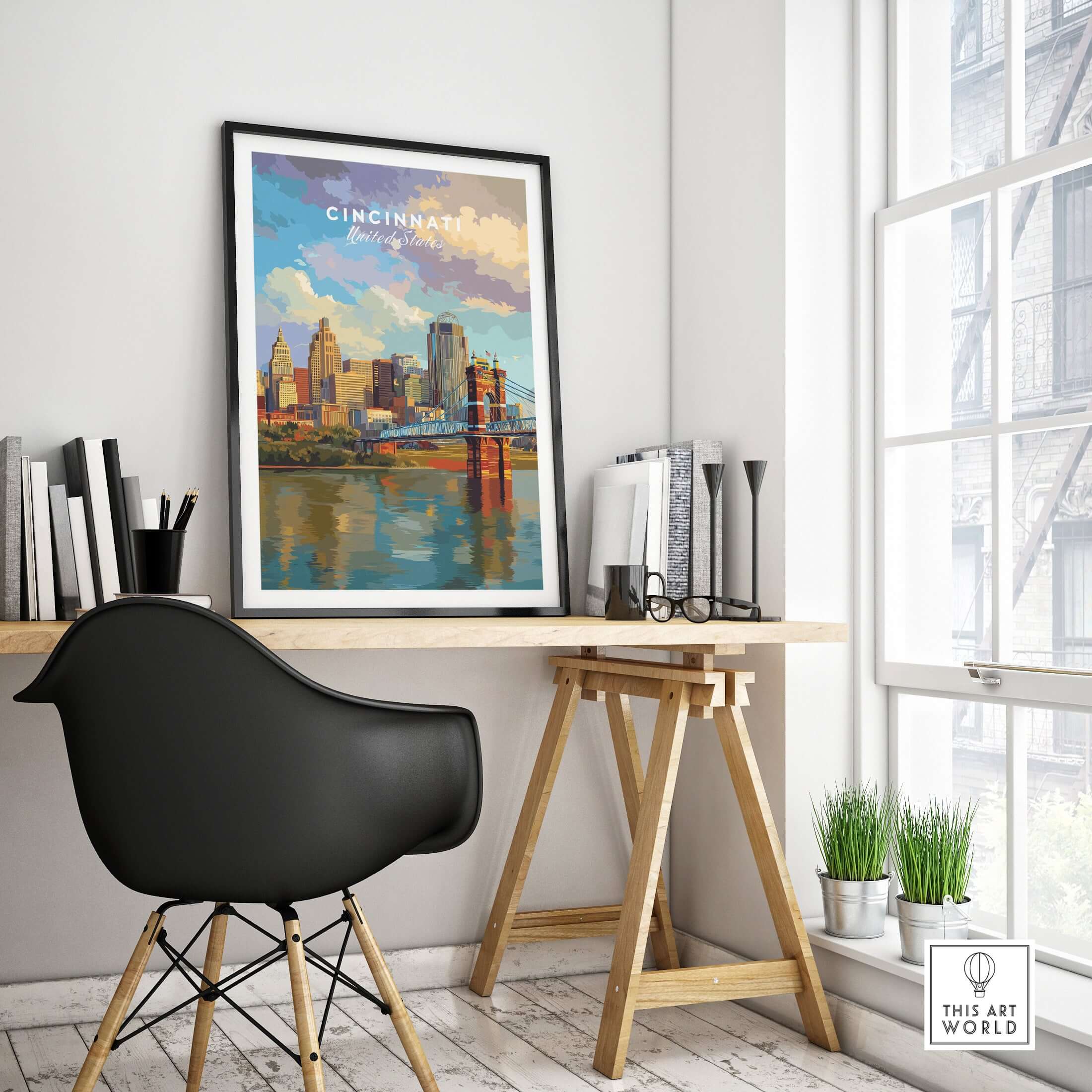 Cincinnati Ohio Skyline Print - Roebling Bridge Wall Art showcased in a modern decor setting with a stylish chair.