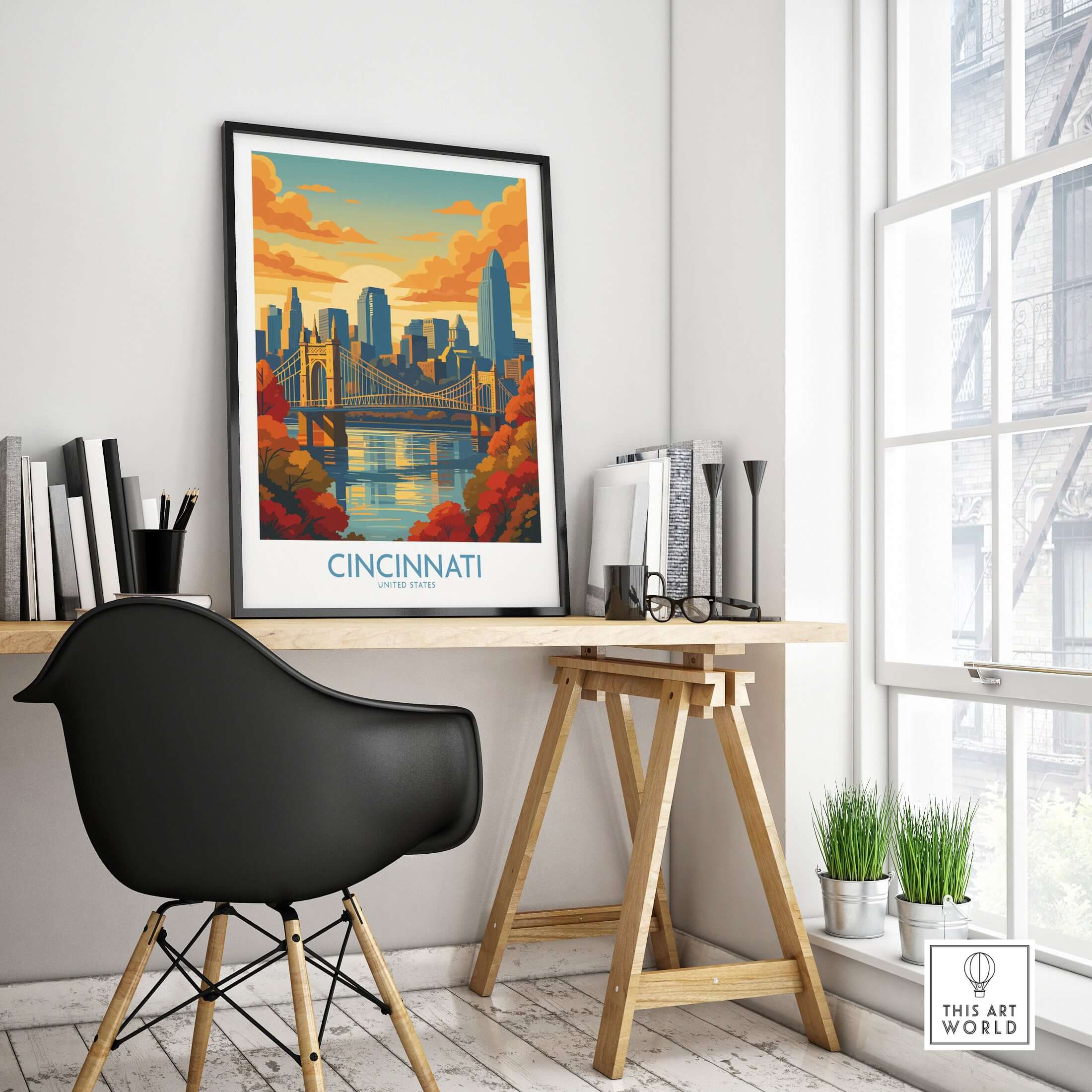 Cincinnati Skyline Print - Ohio Autumn Cityscape Decor displayed in a cozy modern workspace with a stylish chair and decor.