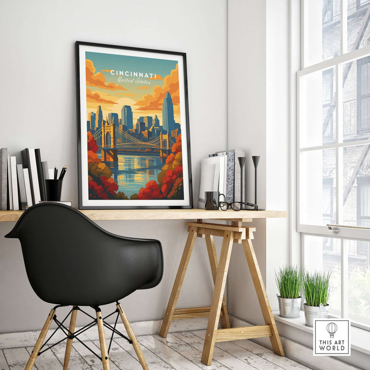 Cincinnati Sunset River Reflection poster featuring Roebling Bridge displayed in modern workspace.